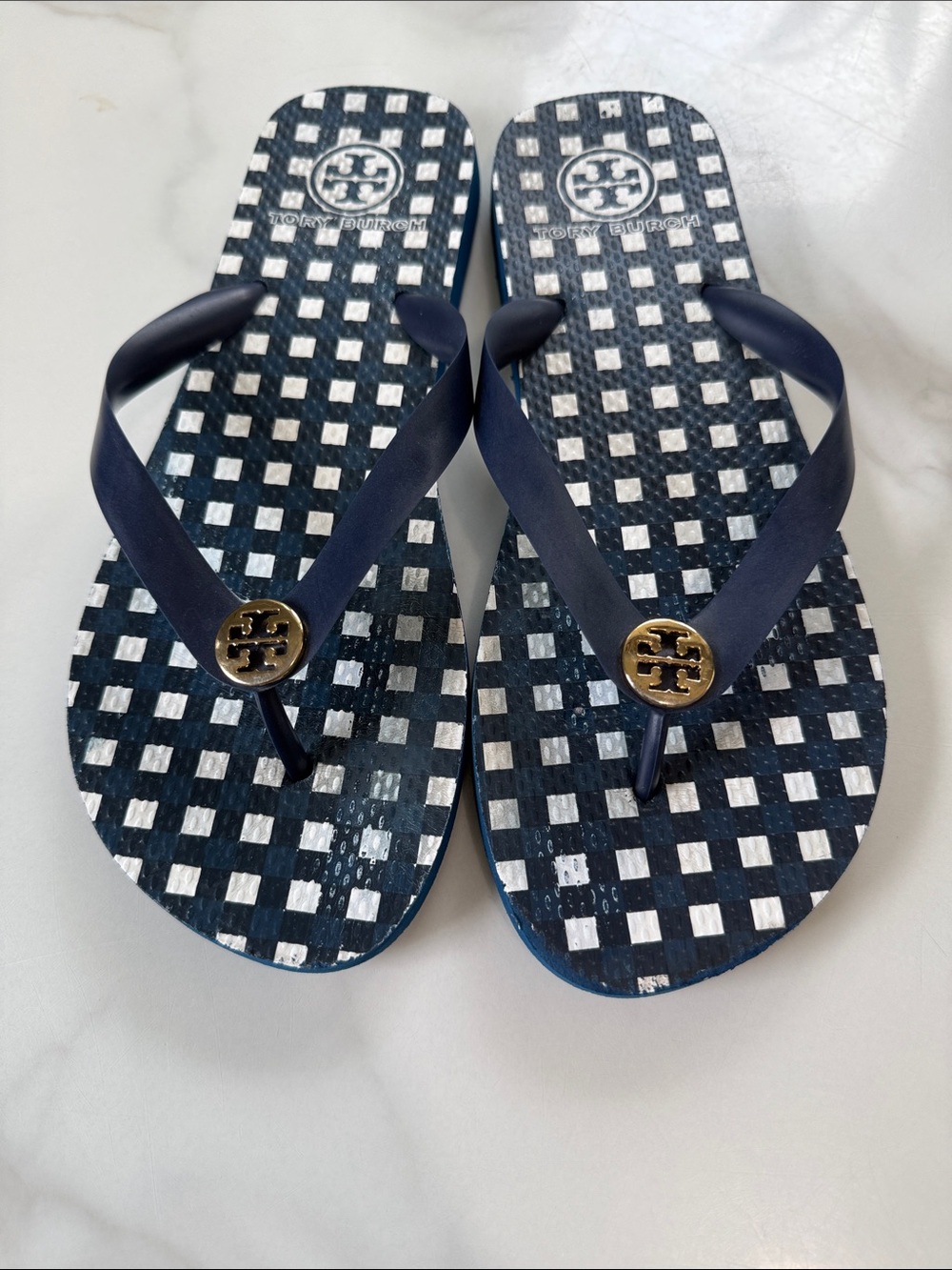 Tory Burch Kids Navy and White Check Flip Flops with Gold Logo